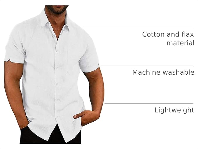 Men's Solid Color Cotton Linen Short Sleeve Button Up Shirt