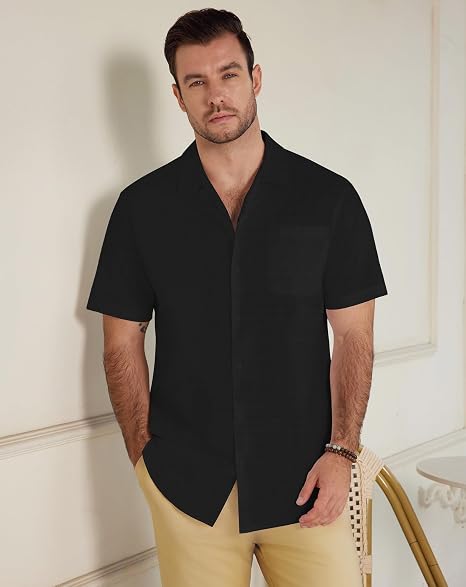 Men’s Cuban Collar Linen Blend Short Sleeve Shirt